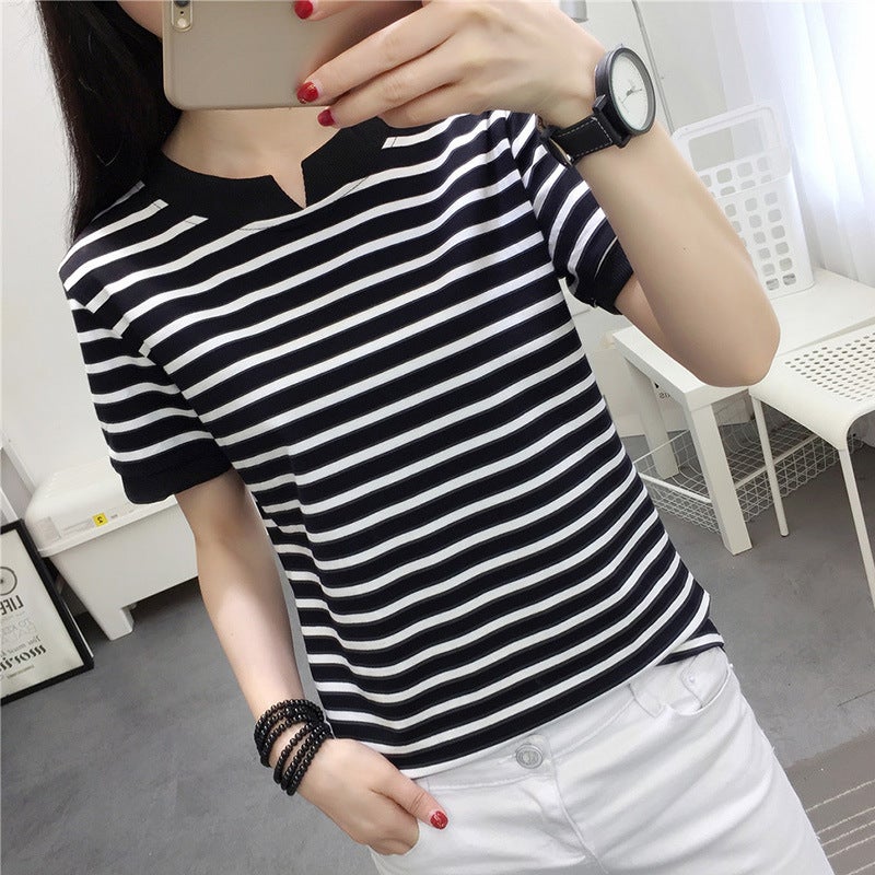 One-piece delivery 95 cotton 2023 new chubby girl plus size plus size short sleeve striped T-shirt women's bottoming shirt plus size women's clothing - Image 5