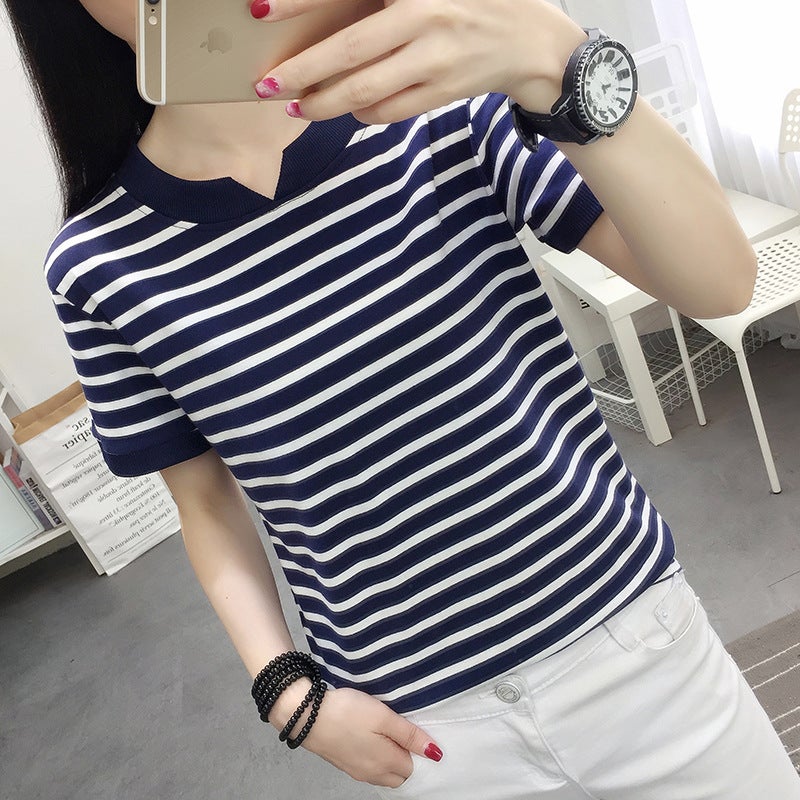 One-piece delivery 95 cotton 2023 new chubby girl plus size plus size short sleeve striped T-shirt women's bottoming shirt plus size women's clothing - Image 4