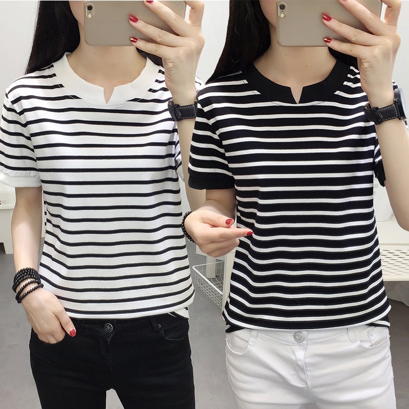 One-piece delivery 95 cotton 2023 new chubby girl plus size plus size short sleeve striped T-shirt women's bottoming shirt plus size women's clothing - Image 2