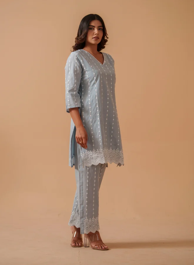 DW Grey Embroidered Pure Cotton Tunic and Palazzo Co-Ords