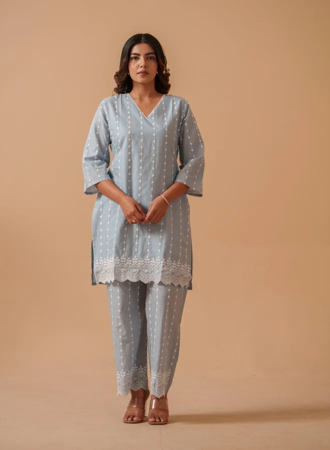 دي دبليو DW Grey Embroidered Pure Cotton Tunic and Palazzo Co-Ords