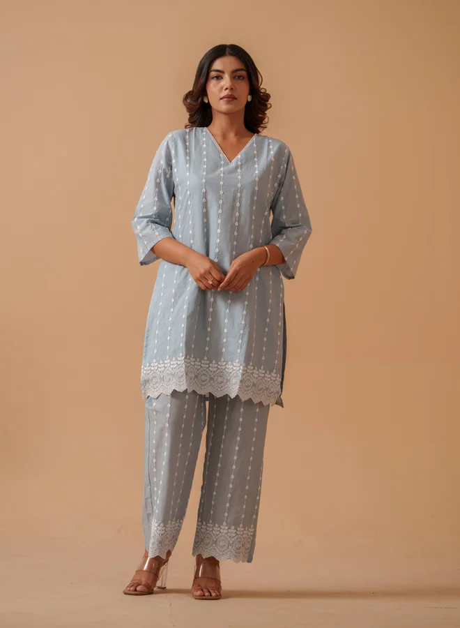 DW Grey Embroidered Pure Cotton Tunic and Palazzo Co-Ords