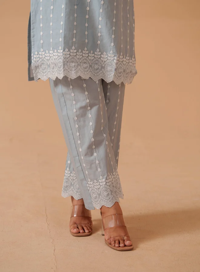 DW Grey Embroidered Pure Cotton Tunic and Palazzo Co-Ords