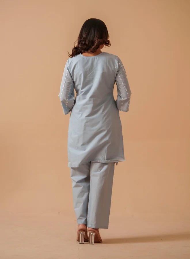 DW Grey Embroidered Pure Cotton Tunic and Palazzo Co-Ords