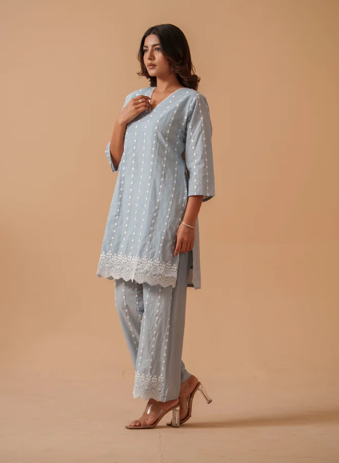 DW Grey Embroidered Pure Cotton Tunic and Palazzo Co-Ords