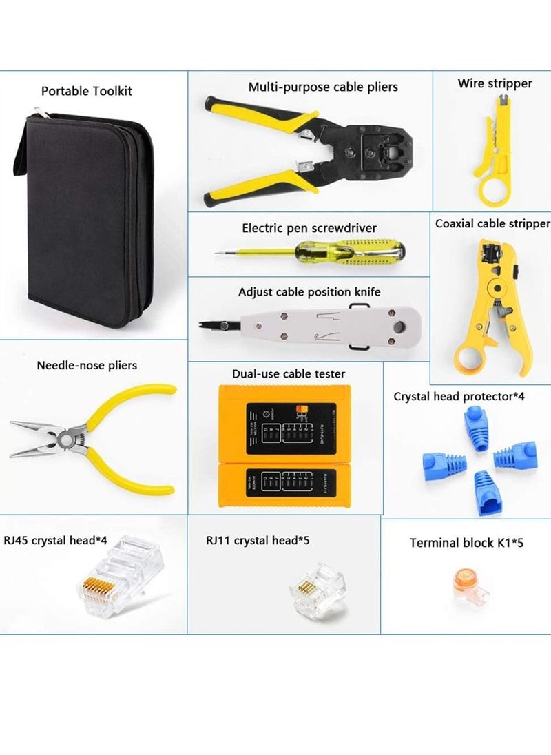 BIKUUL RJ45 Crimping Tool Kit for RJ11/RJ12/CAT5/CAT6/Cat5e, Professional Computer Maintenacnce Lan Cable Tester Network Repair Tool Set，Wire Crimper Wire Connector Stripper