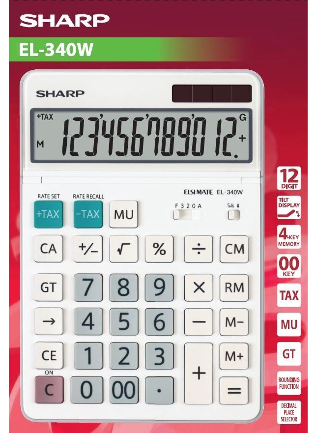 SHARP EL-340W 12 Digit Desktop Calculator  - Image 1