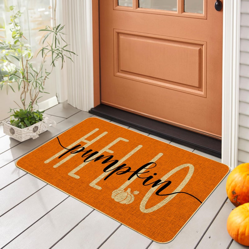 Hello Pumpkin Door Mat Welcome Decorative Autumn Thanksiving Pumpkin Farmhouse Outdoor Indoor Patio Entrance Door Mats Low Profile Non Slip Outside Inside Floor Mat Rugs for Home Decor 29x 17Inch