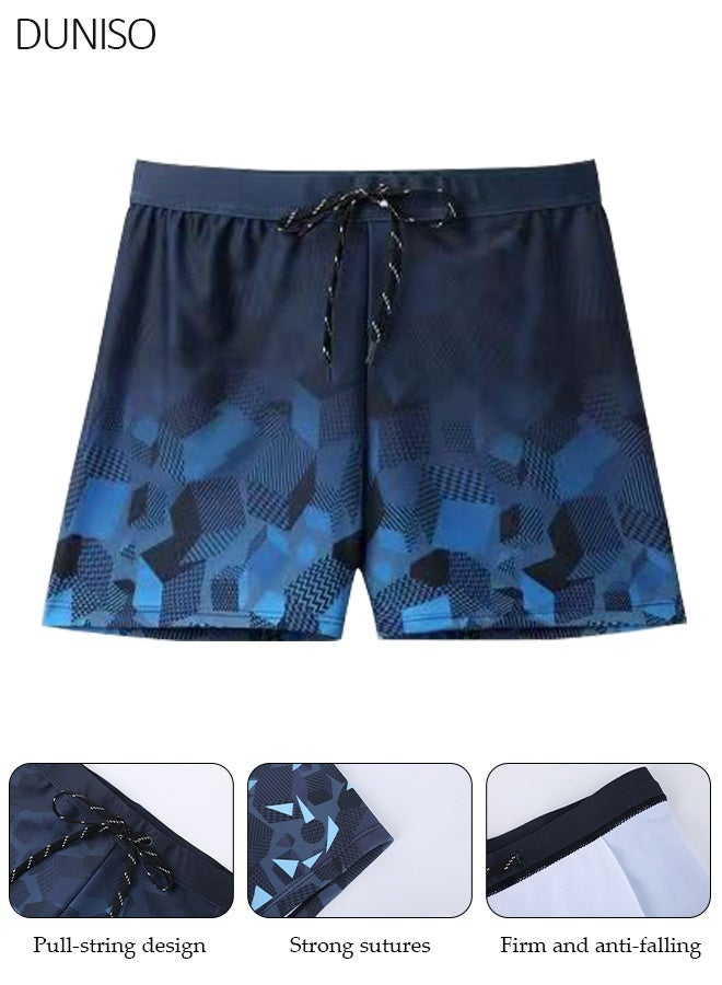 DUNISO Men's Swim Trunks Navy Blue Gradient Geometric Printed Quick Dry Beach Shorts with Mesh Lining Drawstring Waist Board Shorts for Swimming, Surfing, Summer Vacation - Image 1