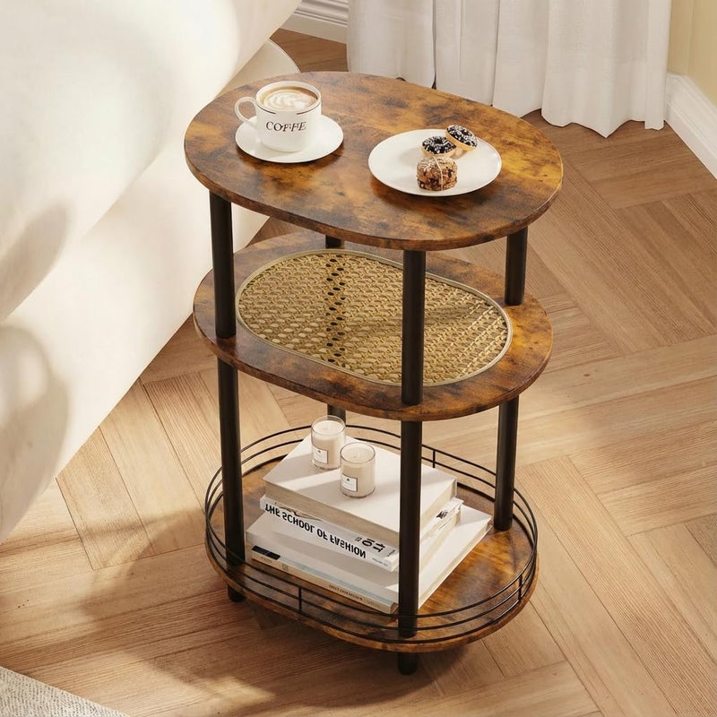 BITYODD Small Rattan Side Table with Storage, 3 Tier Round/Oval End Table with Rattan Shelf, Boho Nightstand, Tool Free Assembly/Screw-Hole Free Tabletop-Living Room Bedroom-Brown - Image 1