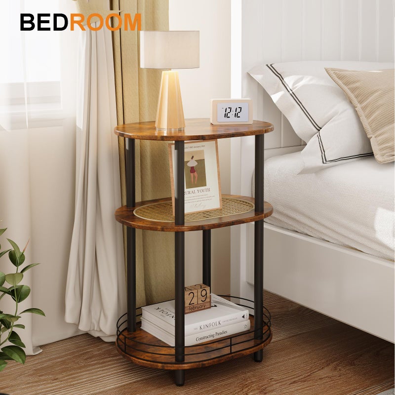 BITYODD Small Rattan Side Table with Storage, 3 Tier Round/Oval End Table with Rattan Shelf, Boho Nightstand, Tool Free Assembly/Screw-Hole Free Tabletop-Living Room Bedroom-Brown - Image 2