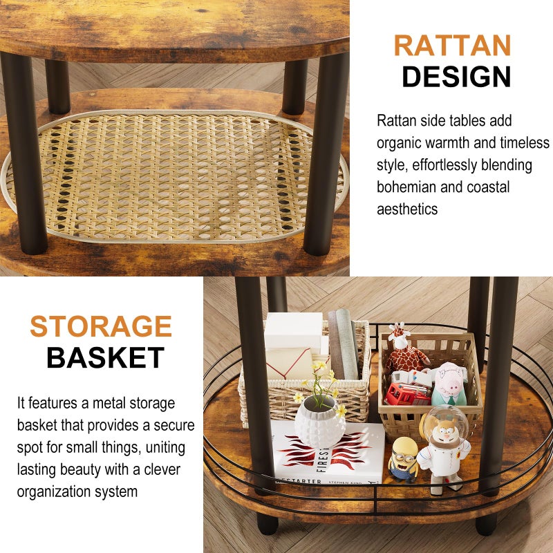BITYODD Small Rattan Side Table with Storage, 3 Tier Round/Oval End Table with Rattan Shelf, Boho Nightstand, Tool Free Assembly/Screw-Hole Free Tabletop-Living Room Bedroom-Brown - Image 4