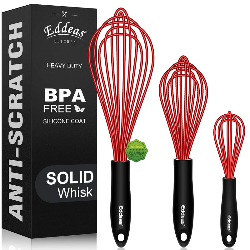 Eddeas Silicone Whisk Eddeas Stainless Steel  Silicone NonStick Coated Whisks set of 3Heat Resistant 450F Kitchen Whisks Perfect for Blending Whisking Beating  Stirring Red