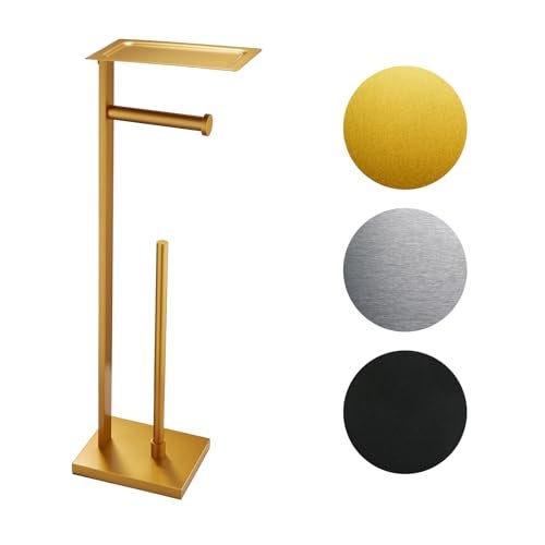 Miyili Bathroom Lavatory Toilet Paper Holder with Shelf Stainless Steel Freestanding Toilet Tissue Roll Holder Square Style Gold, F04G2 - Image 1