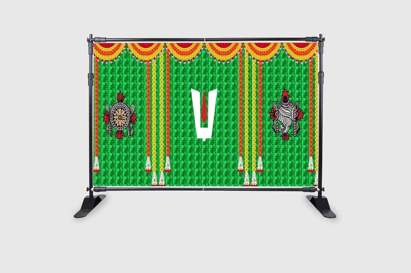 Backdropon Thirunaamam shanku Chakra namam Lord Vishnu Balaji Design for All Pooja/House Functions House Warming Background Curtain for Festival Size 5 Feet Height and 8 Feet Width(5 * 8) - Image 2