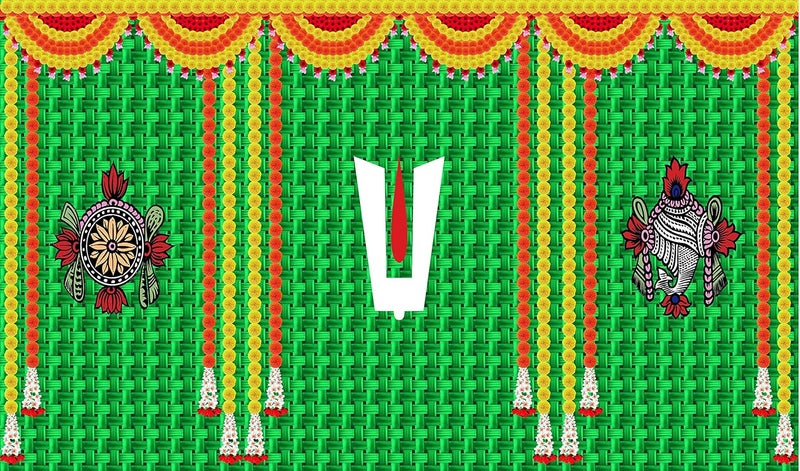 Backdropon Thirunaamam shanku Chakra namam Lord Vishnu Balaji Design for All Pooja/House Functions House Warming Background Curtain for Festival Size 5 Feet Height and 8 Feet Width(5 * 8) - Image 1