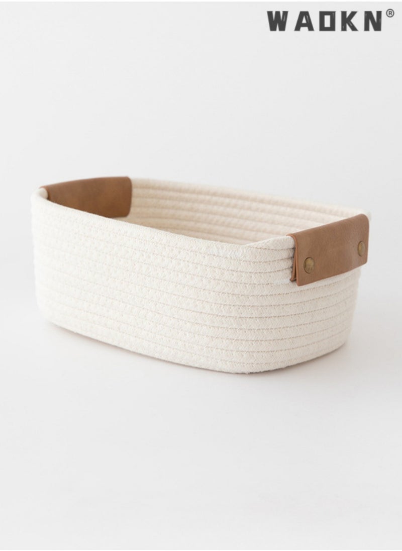 WAOKN Rectangle Cotton Rope Woven Basket with Handles for Books, Magazines, Toys - Decorative Rectangle Basket for Baby Nursery, Living Room, Bathroom  - Image 1