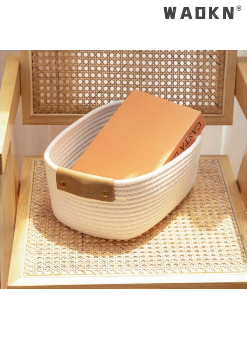 WAOKN Rectangle Cotton Rope Woven Basket with Handles for Books, Magazines, Toys - Decorative Rectangle Basket for Baby Nursery, Living Room, Bathroom  - Image 3