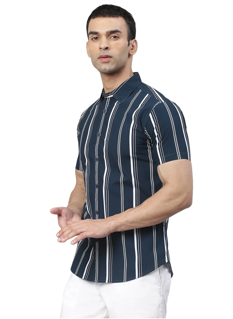Dennis Lingo Slim Fit Navy Men's Solid Shirt, Spread Collar, Half Sleeves, 100% Cotton,