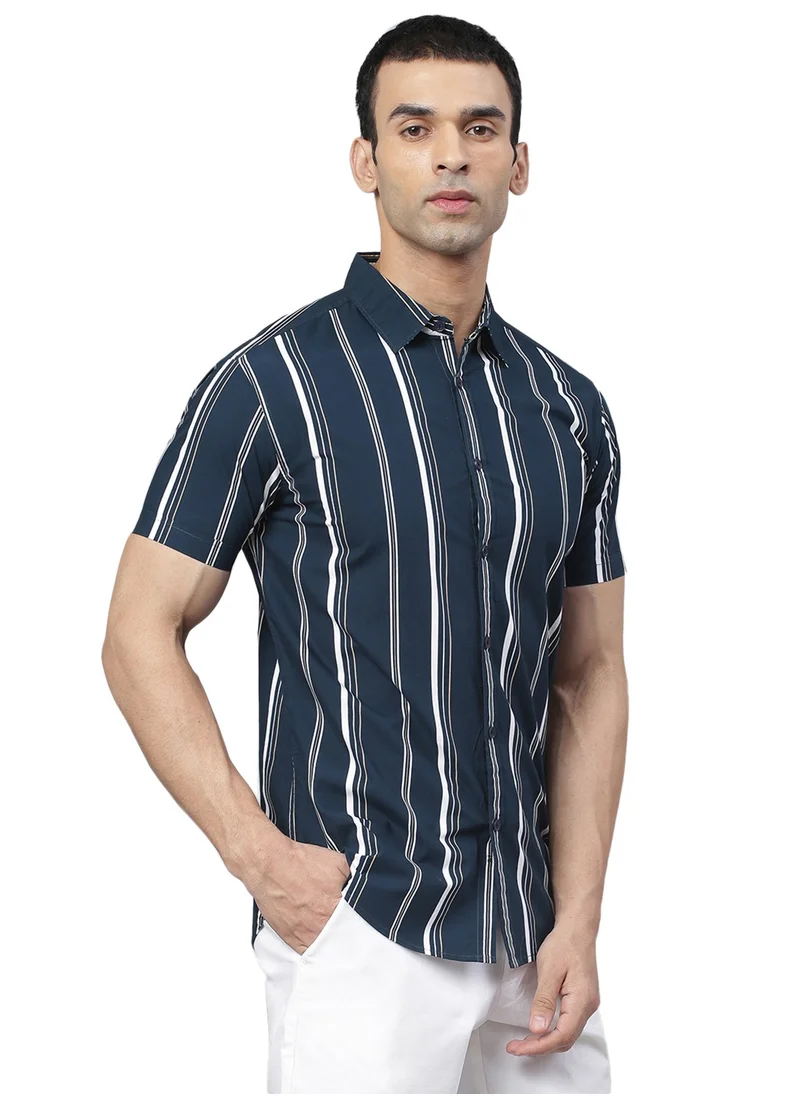 Dennis Lingo Slim Fit Navy Men's Solid Shirt, Spread Collar, Half Sleeves, 100% Cotton,