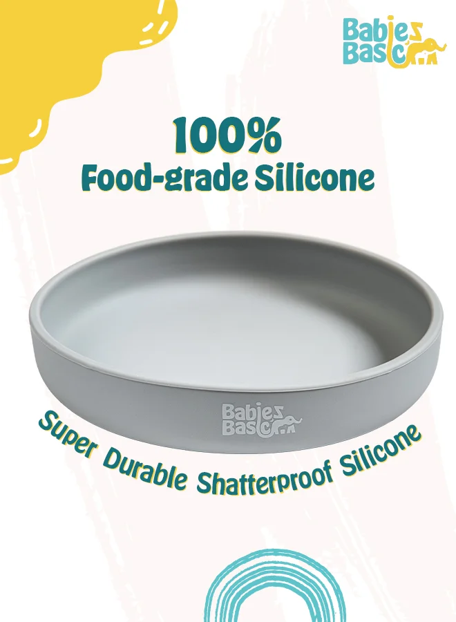 Babies Basic Babies Basic Silicone Feeding Set with Silicone Suction Plate, Spoon and Fork  - Gray