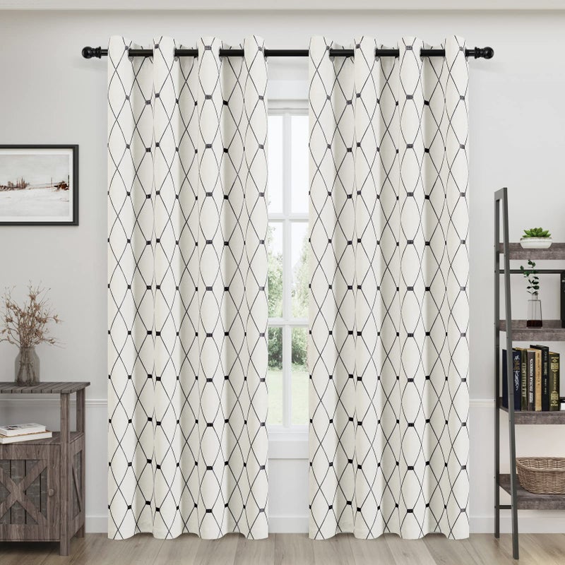 Joywell Cream Linen Textured Curtains 84 inches Long for Living Room Embroidered Farmhouse Window Curtain Grommet Drapes 2 Panels Heavy Cotton Curtains Black Checkered Pattern on Beige - Image 1