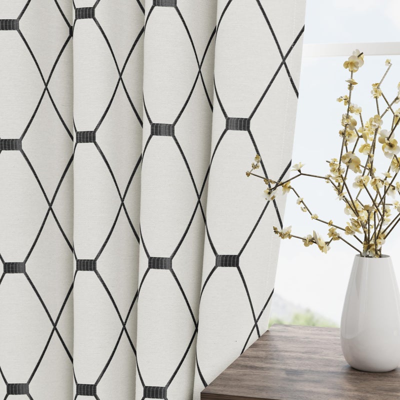 Joywell Cream Linen Textured Curtains 84 inches Long for Living Room Embroidered Farmhouse Window Curtain Grommet Drapes 2 Panels Heavy Cotton Curtains Black Checkered Pattern on Beige - Image 2