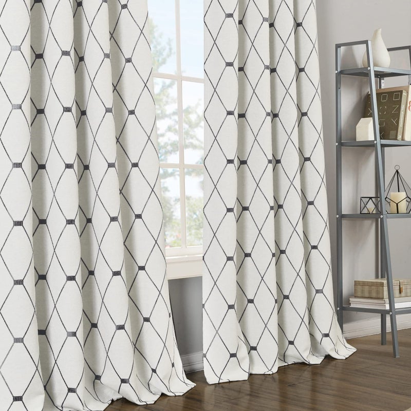 Joywell Cream Linen Textured Curtains 84 inches Long for Living Room Embroidered Farmhouse Window Curtain Grommet Drapes 2 Panels Heavy Cotton Curtains Black Checkered Pattern on Beige - Image 5
