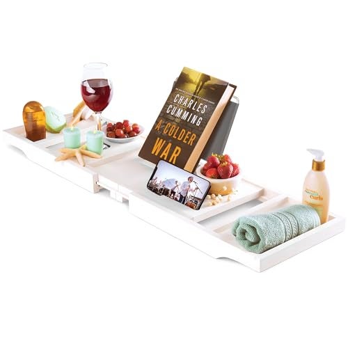 Bambüsi Bathtub Tray - Expandable White Bamboo Bath Tray for Tub with Wine Glass Holder, Book & Tablet Stand - Wooden Bathtub Caddy Tray for Bathroom Accessories, Spa Relaxation, Housewarming & Wedding Gift - Image 1