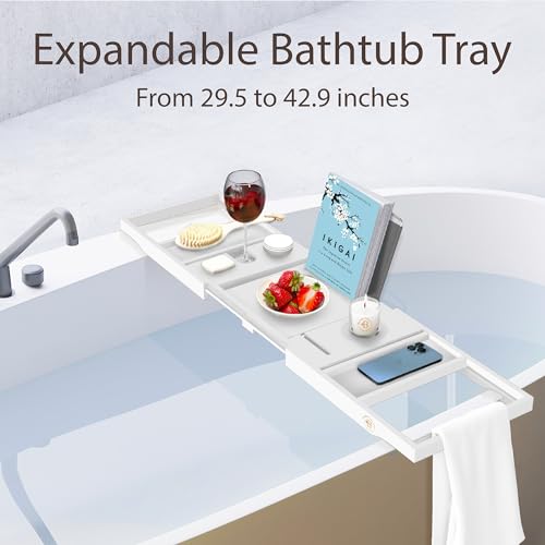 Bambüsi Bathtub Tray - Expandable White Bamboo Bath Tray for Tub with Wine Glass Holder, Book & Tablet Stand - Wooden Bathtub Caddy Tray for Bathroom Accessories, Spa Relaxation, Housewarming & Wedding Gift - Image 3