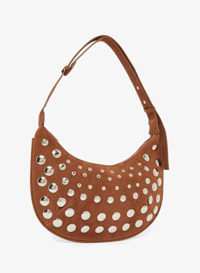 Styli Khaki Suede Stud Shoulder Bag