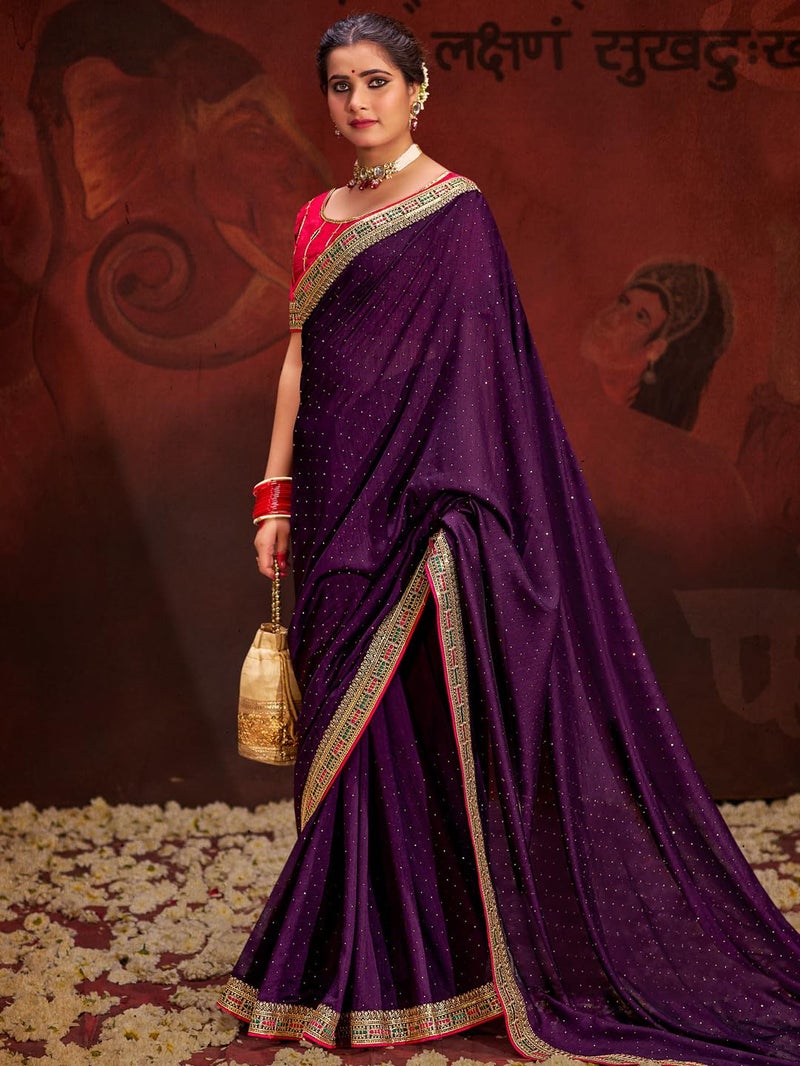 SAREE MALL Women's Purple Vichitra Silk Embroidered Saree with Unstitched Blouse Piece(AYUSHI4009_SUM) - Image 2