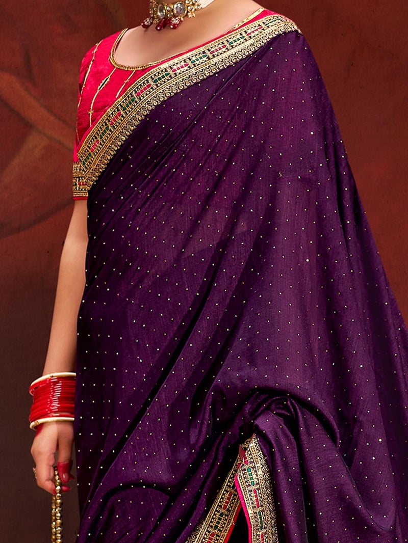 SAREE MALL Women's Purple Vichitra Silk Embroidered Saree with Unstitched Blouse Piece(AYUSHI4009_SUM) - Image 5