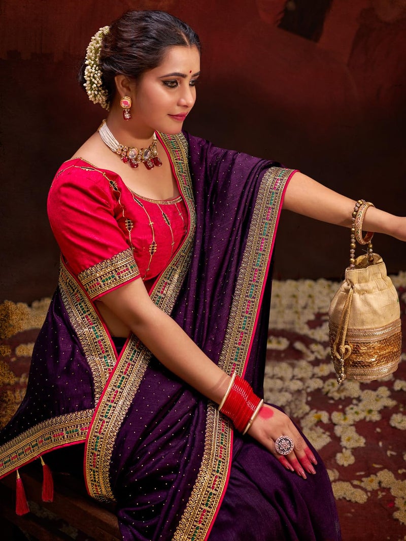 SAREE MALL Women's Purple Vichitra Silk Embroidered Saree with Unstitched Blouse Piece(AYUSHI4009_SUM) - Image 3