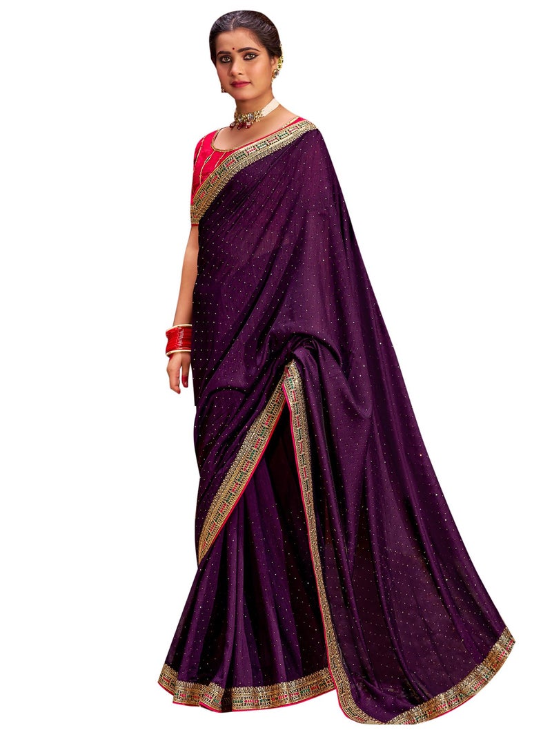 SAREE MALL Women's Purple Vichitra Silk Embroidered Saree with Unstitched Blouse Piece(AYUSHI4009_SUM) - Image 1