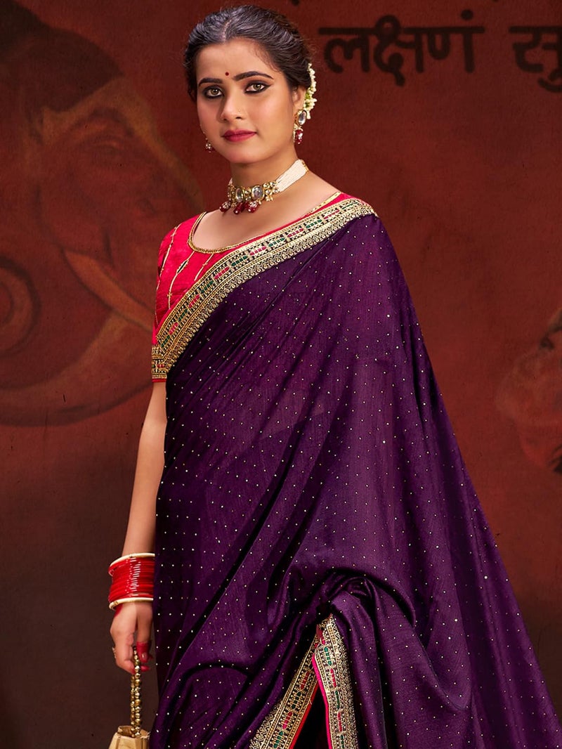 SAREE MALL Women's Purple Vichitra Silk Embroidered Saree with Unstitched Blouse Piece(AYUSHI4009_SUM) - Image 4