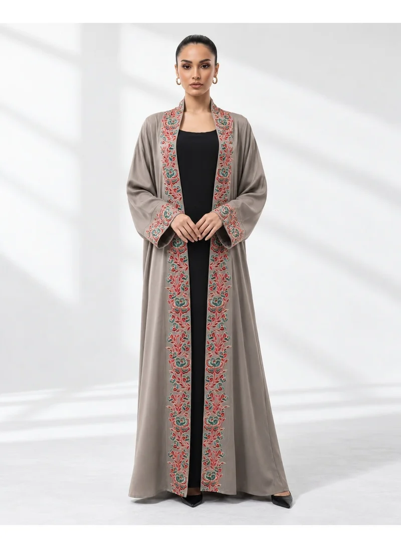 Aara Women's Open Front Embroidered Abaya, Grey with Rose Gold Detailing