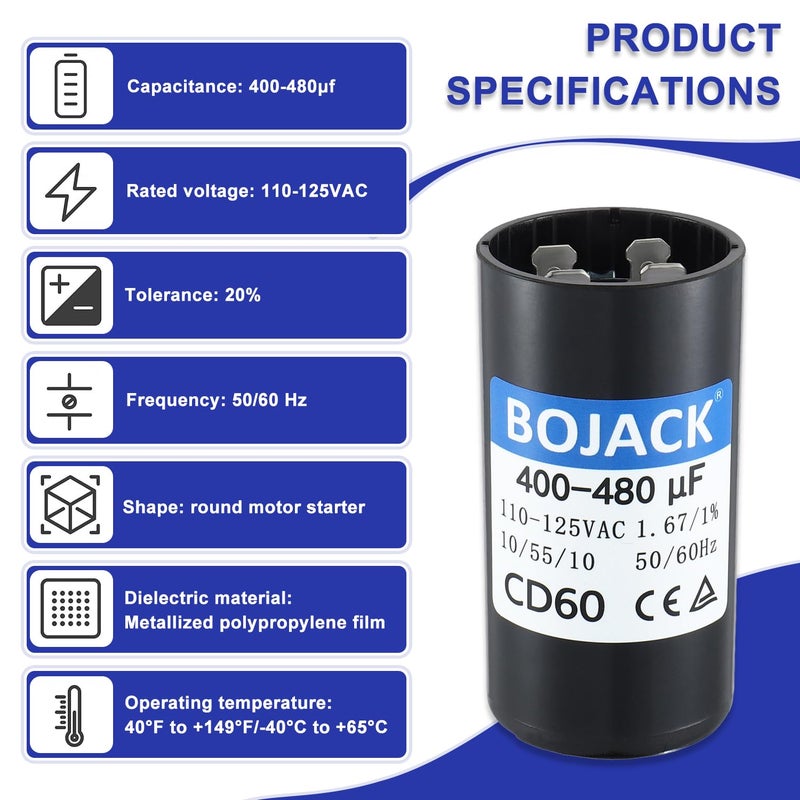 BOJACK 400-480Uf/Mfd 110-125 Vac Volt Universal Round Motor Start Capacitor 50/60Hz Cd60 Ac Electrical Replacement Part - Image 3