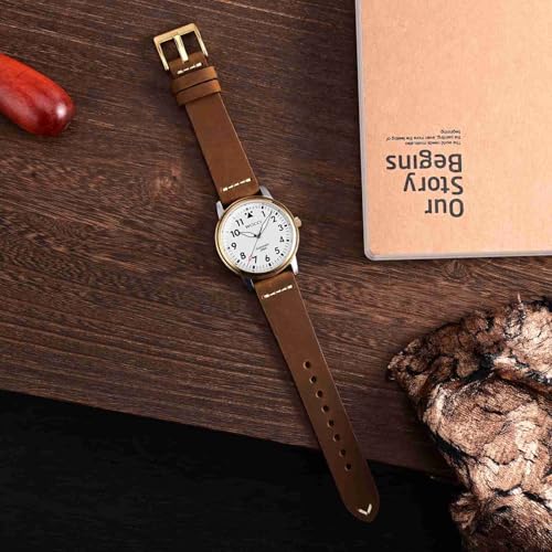 WOCCI 18mm Oldfashioned Watch Band for Men Top Grain Leather Golden Polished Buckle Caramel Brown - Image 3