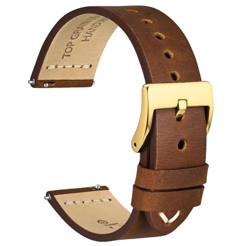 WOCCI 18mm Oldfashioned Watch Band for Men Top Grain Leather Golden Polished Buckle Caramel Brown - Image 1