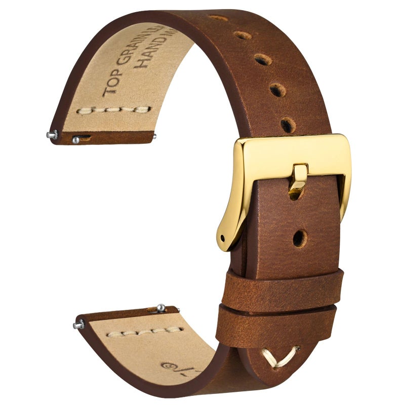 WOCCI 18mm Oldfashioned Watch Band for Men Top Grain Leather Golden Polished Buckle Caramel Brown - Image 2