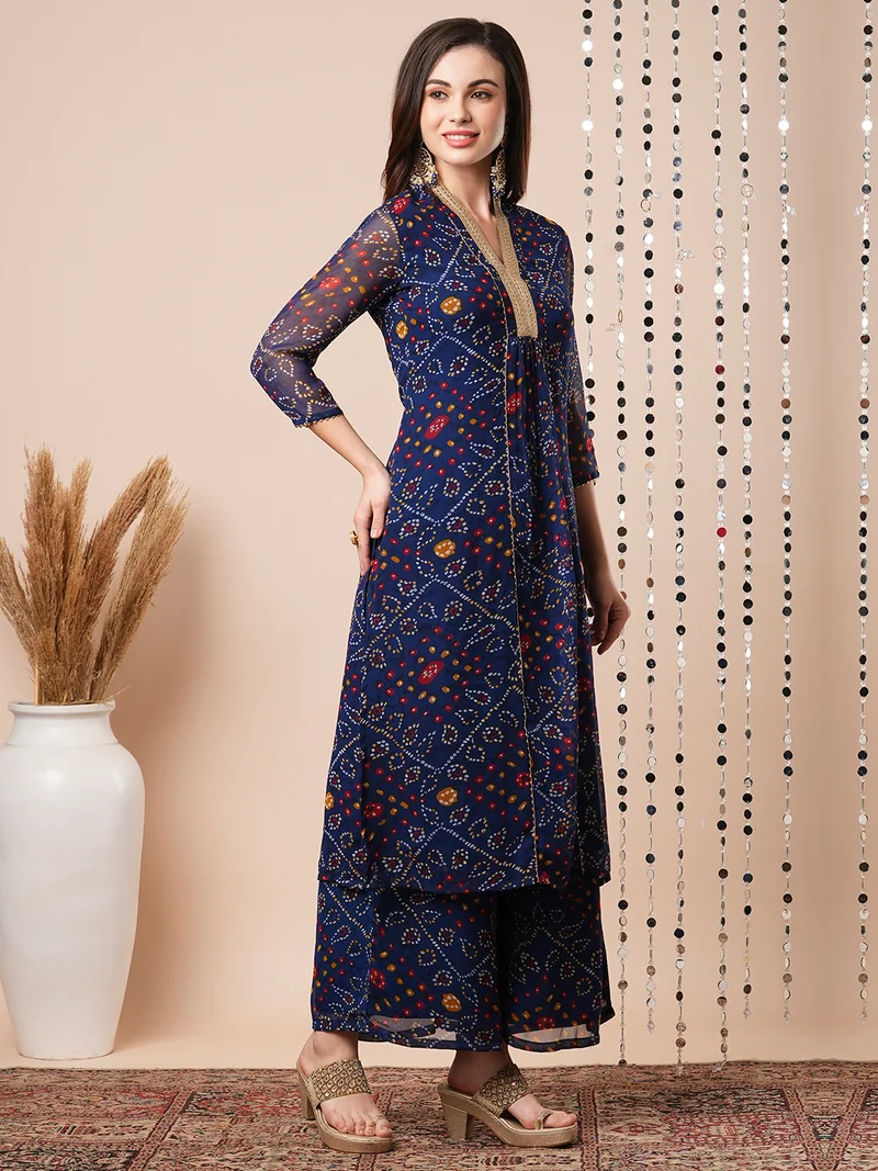 globus Women Bandhani Printed Pleated Gotta Patti Kurta With Palazzos