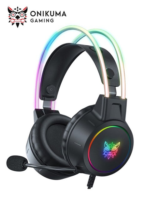 سماعة الألعاب X15Pro RGB السلكية مع ميكروفون فوق الأذن وصوت محيطي للاعبي الكمبيوتر الشخصي وPS4 وPS5 وخيارات الألعاب والأفلام والموسيقى - أسود