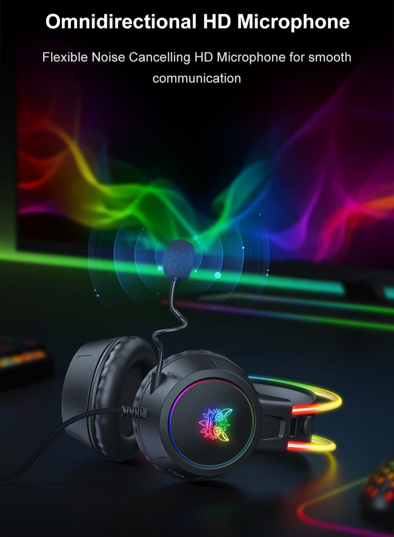onikuma X15Pro RGB Wired Gaming Headset with Mic Over-Ear Headphones Surround Sound for PC Gamer PS4 PS5 Options Game Movie Music - Black - Image 2