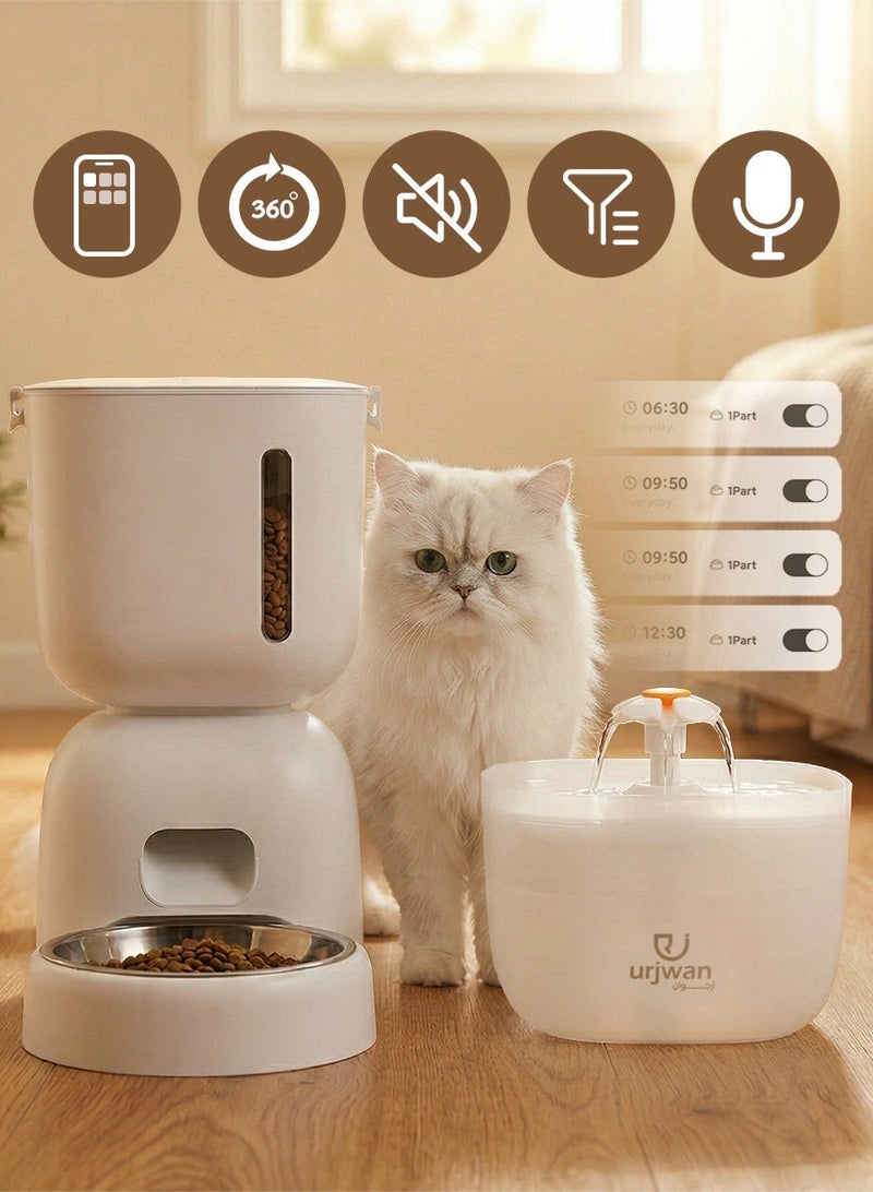 Urjwan Smart Pet Care Bundle: Automatic Feeder & Water Fountain with App Control, Voice Recording, Dual Power - White - Image 1