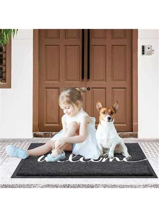 TRASSLE Door Mat Hello Mats Outdoor Indoor Non-Slip Doormat for Entryway Low-Profile Floor Mat for Yard, Garage, High Traffic Areas (Black-welcome, 36x24)  - Image 2