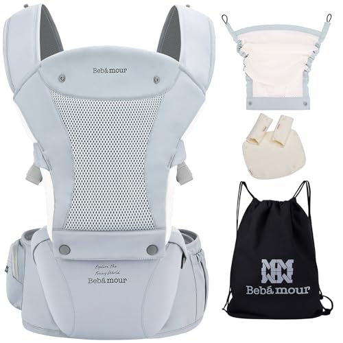Bebamour Baby Carrier with Hip SeatAllPosition Breathable Mesh Hip Seat Carrier 036Months with Head Hood 3 PCS Teething Pads Waist ExtenderStorage Bag Pacifier Case Blue - Image 3