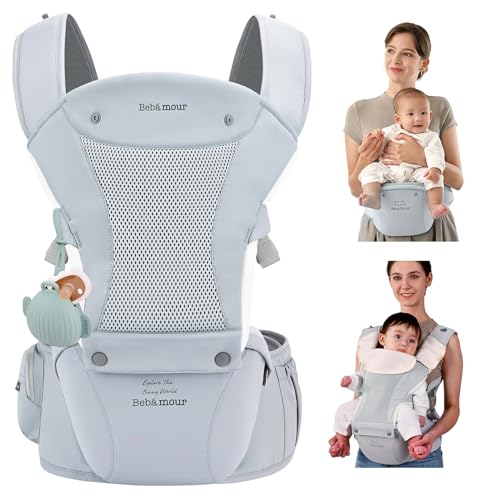 Bebamour Baby Carrier with Hip SeatAllPosition Breathable Mesh Hip Seat Carrier 036Months with Head Hood 3 PCS Teething Pads Waist ExtenderStorage Bag Pacifier Case Blue - Image 1