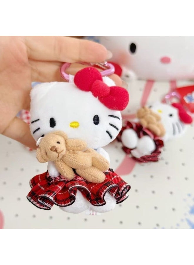 Generic - British Style Pleated Dress Kitty Holding Rabbit Plush Pendant Ins Style Doll Love Keychain-Specifications:[green Pleated Skirt + Little Black Glasses] Black Kt-with Tag - Image 1