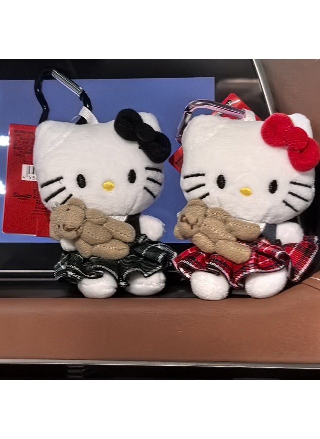 Generic - British Style Pleated Dress Kitty Holding Rabbit Plush Pendant Ins Style Doll Love Keychain-Specifications:[green Pleated Skirt + Little Black Glasses] Black Kt-with Tag - Image 1